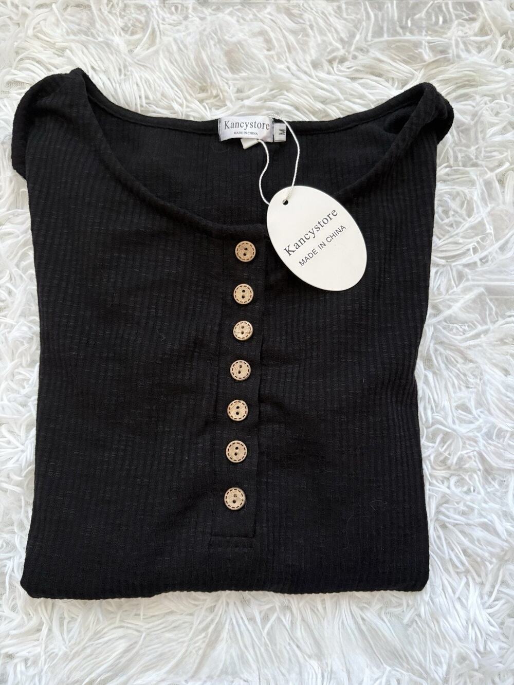 Kancystore M Black 1/4 Button Ribbed Long Sleeved Top W/lace Arms. New W/tags